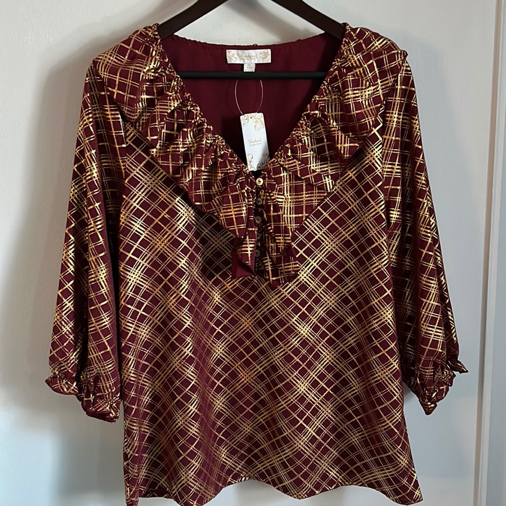 New Weekend by Suzanne Betro Red Foil Diagonal Plaid Ruffled Notch-Neck Blouse